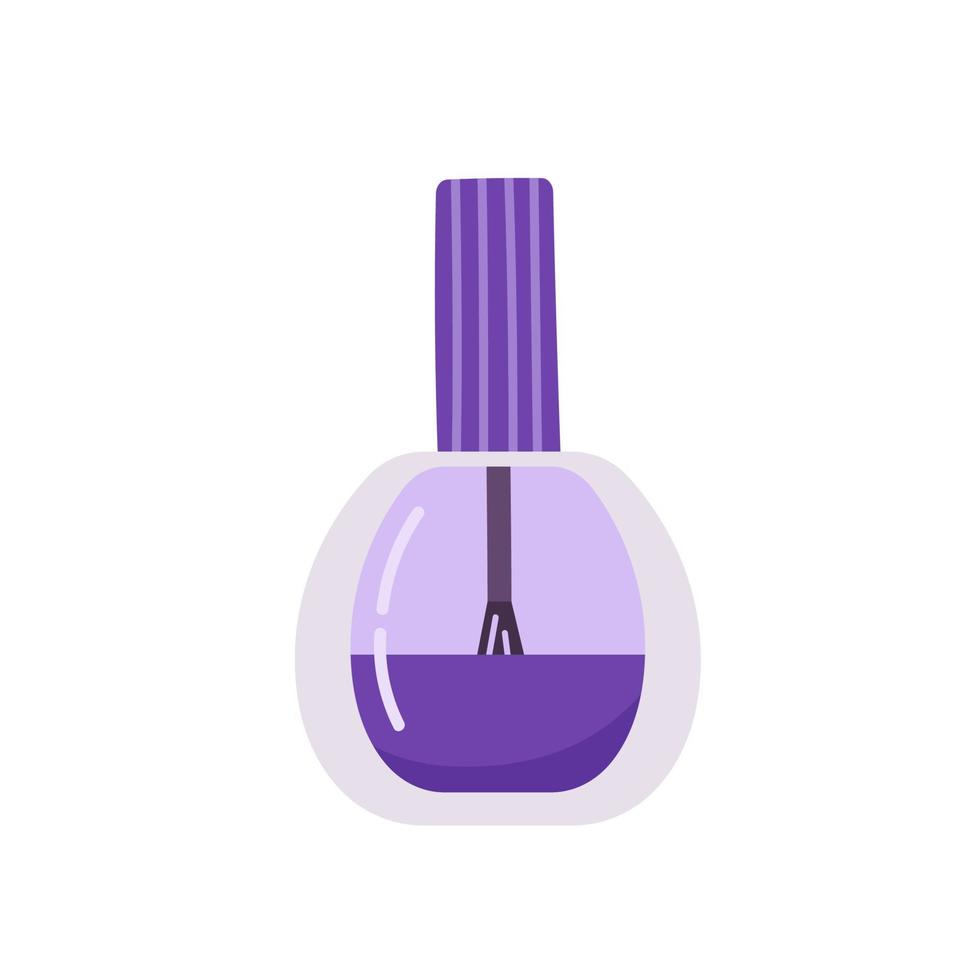 Nail polish in purple color. Glass box with brush. Hand drawn cosmetics product in cartoon style. Vector illustration isolated on white background.
