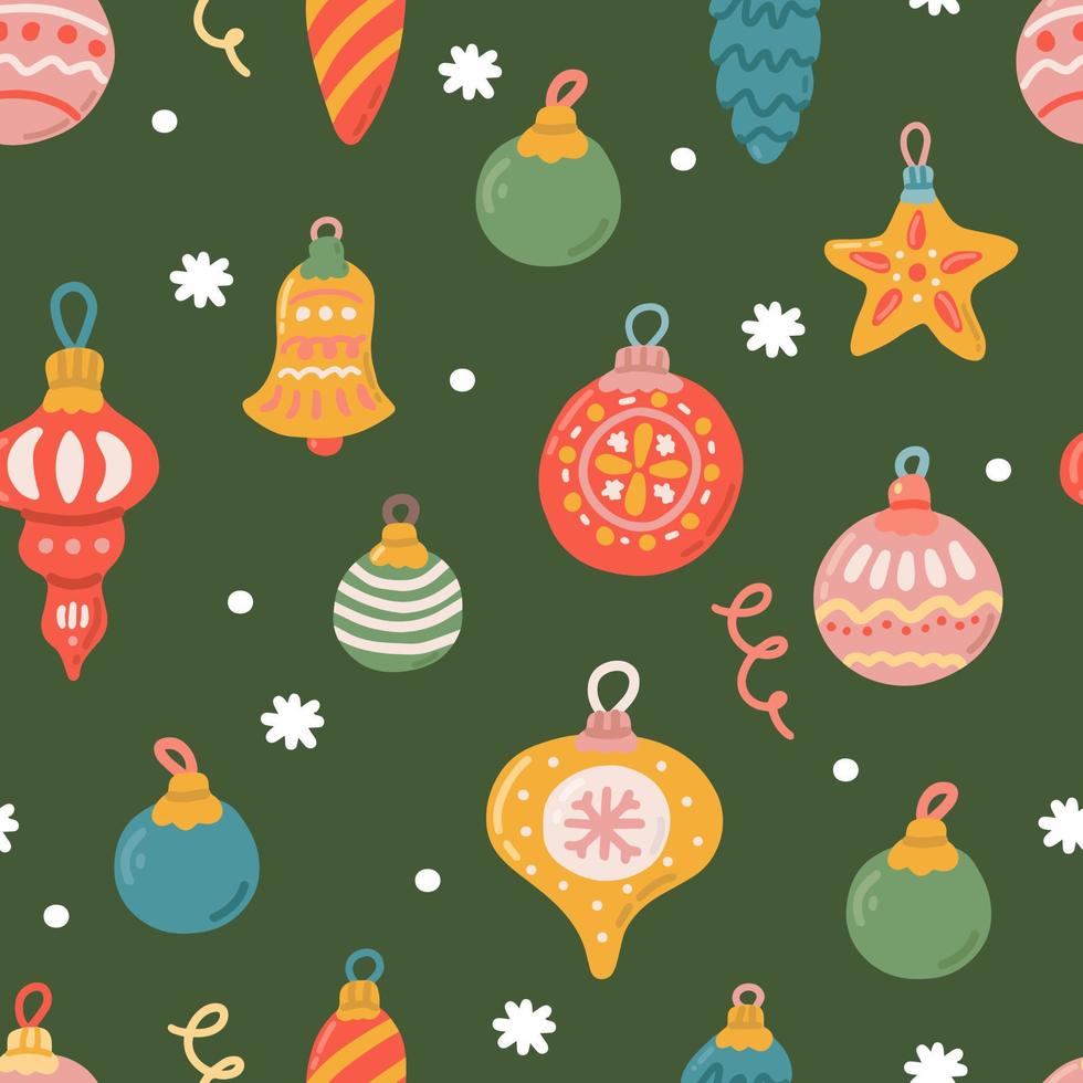 Colorful Christmas tree toys on green background, vector seamless pattern in flat style