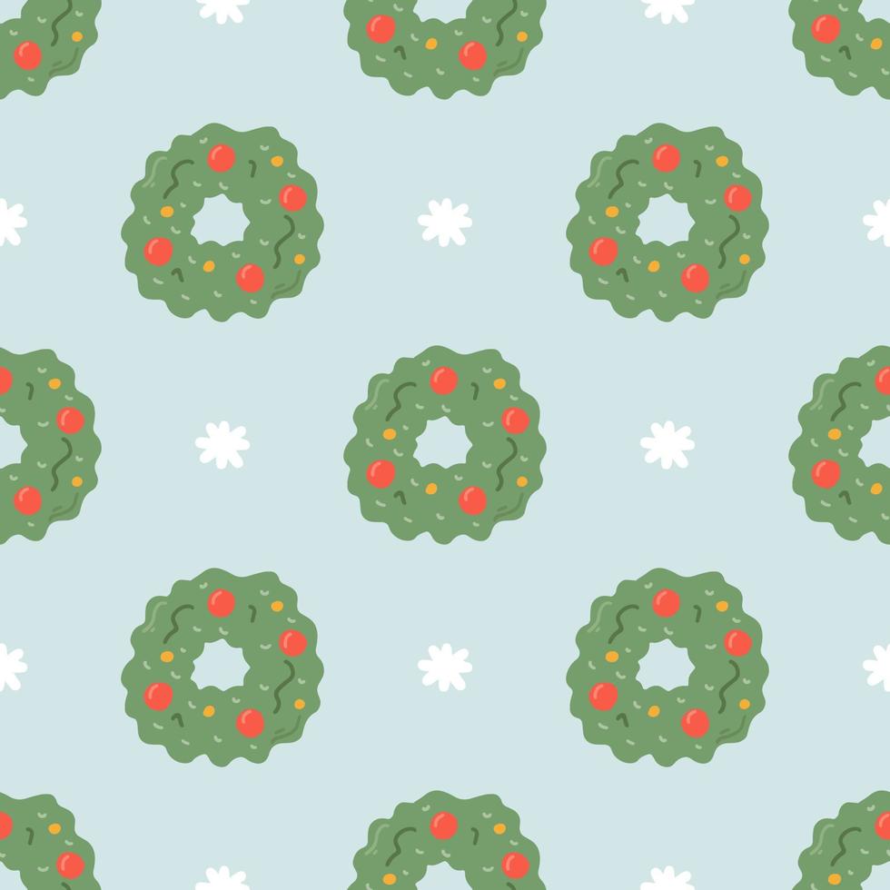Christmas wreath with snowflakes on blue background, vector seamless pattern