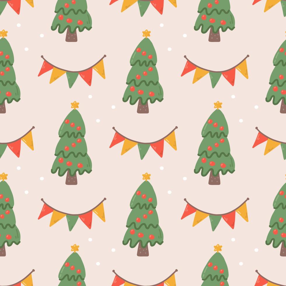 Christmas vector seamless pattern in flat style, Christmas tree and decoration