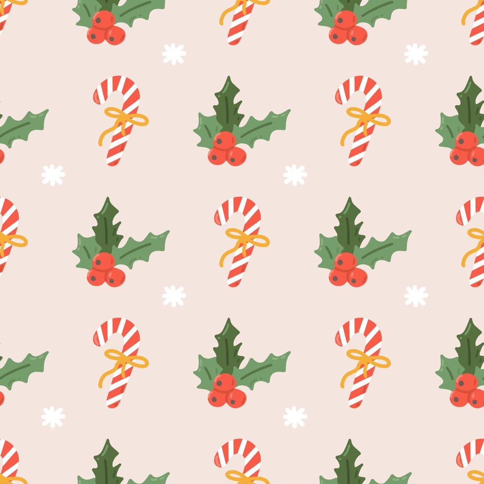 Candy cane and holly berries with snowflakes, vector seamless Christmas pattern