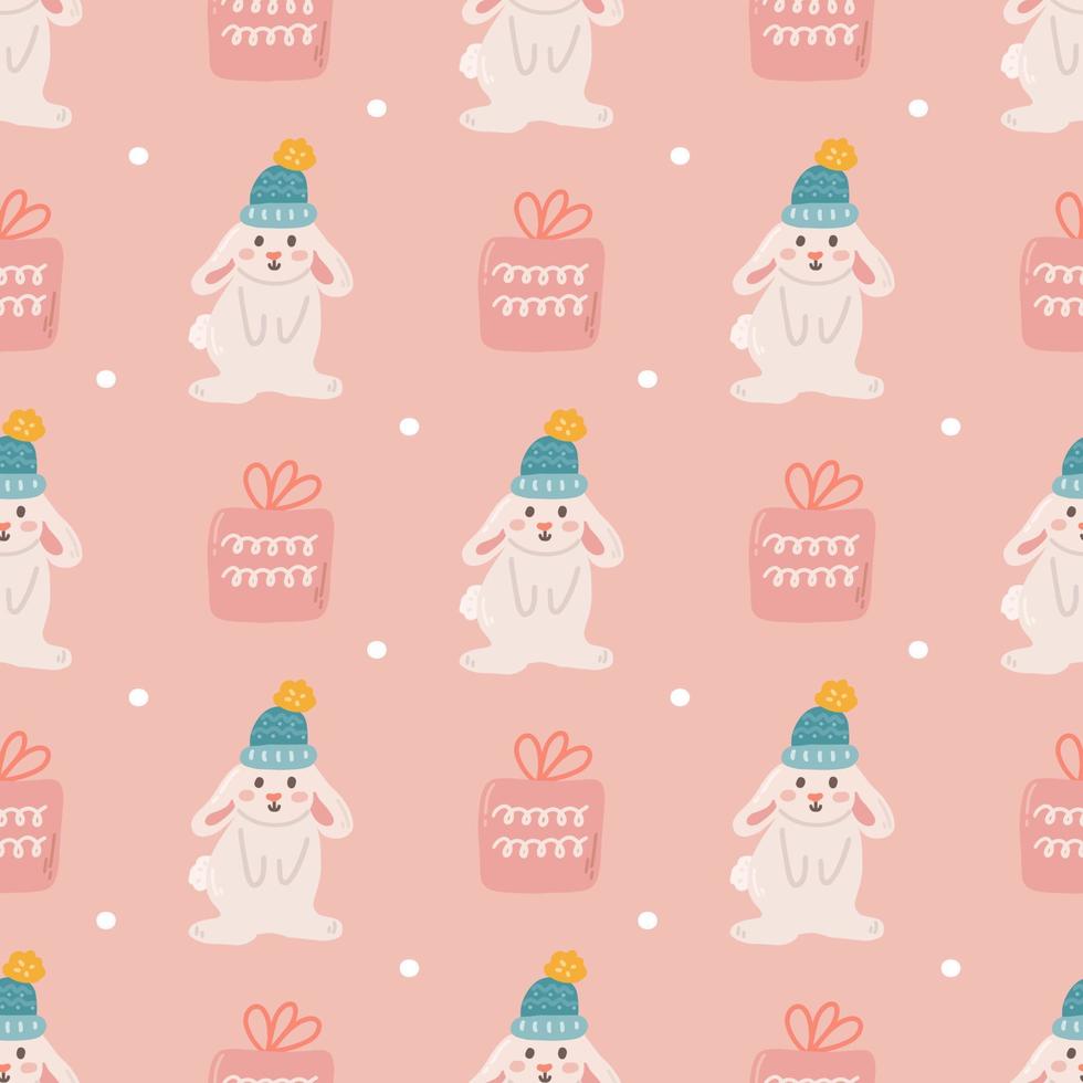 Christmas vector seamless pattern in flat style, rabbit and gift on pink background