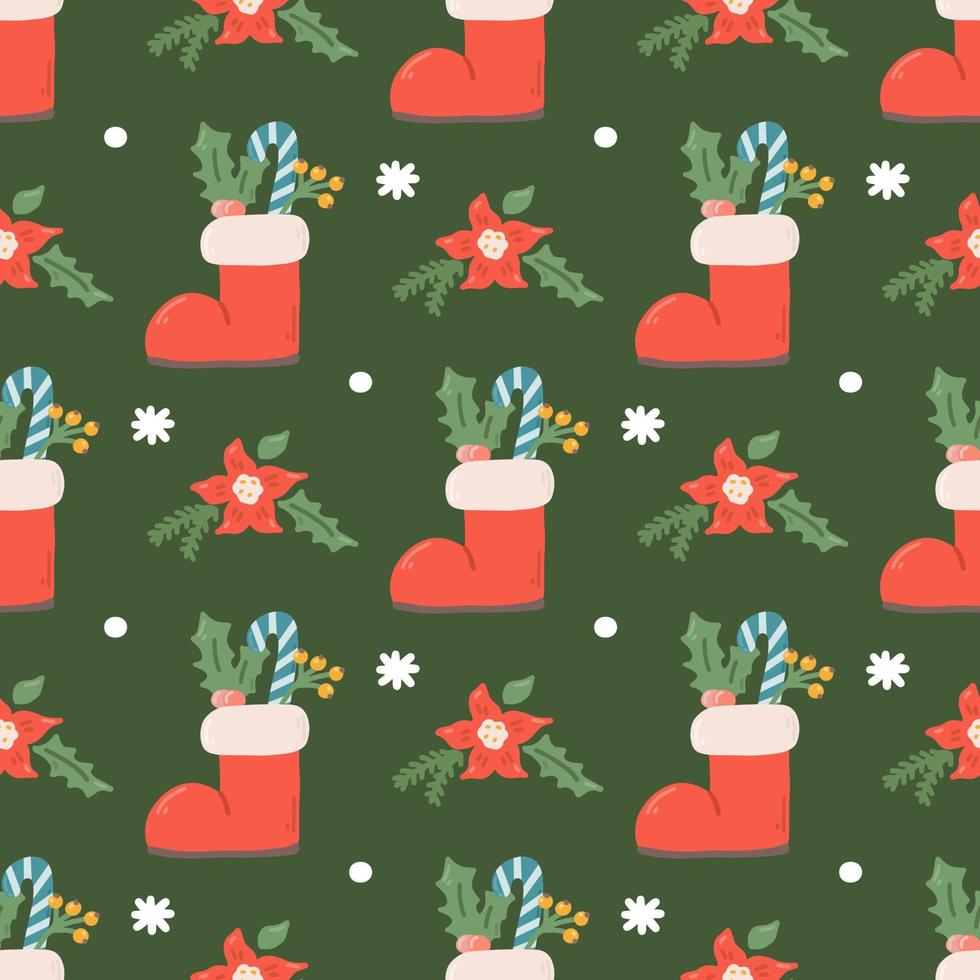 Christmas vector seamless pattern, boots with decorations, berries and sweets on green background