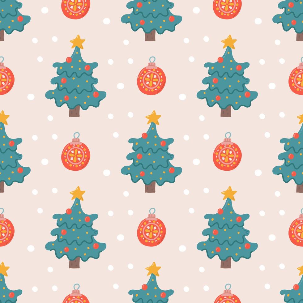 Christmas vector seamless pattern in flat style, Christmas tree and decoration