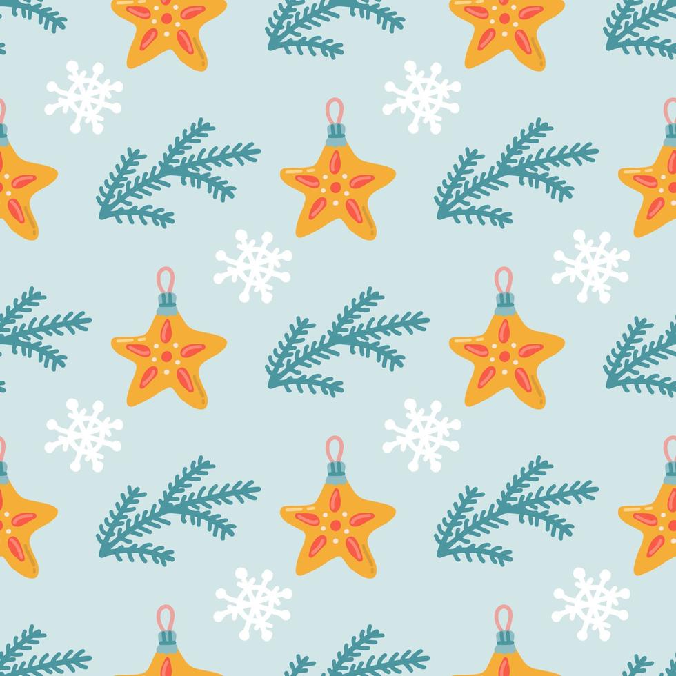 Christmas tree toys with spruce branches in flat style on green background, vector seamless pattern