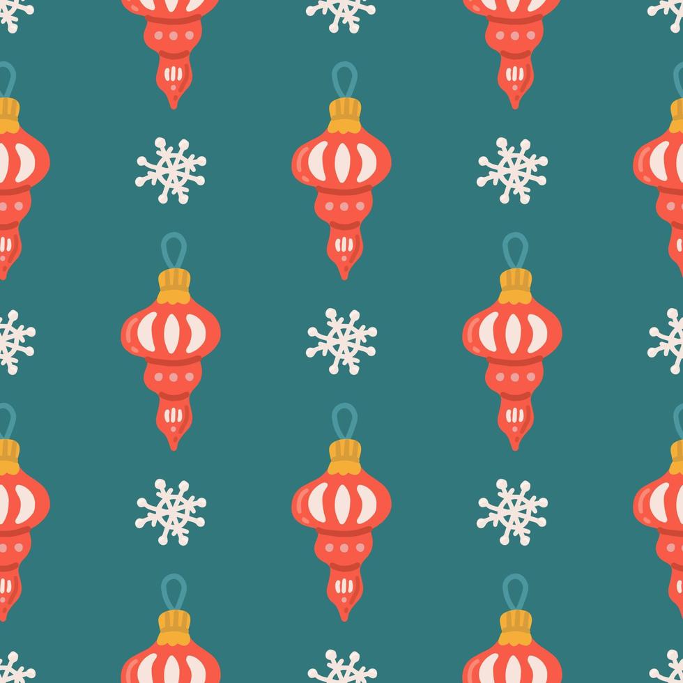 Christmas tree toy, decoration with snowflake, vector seamless pattern on green background