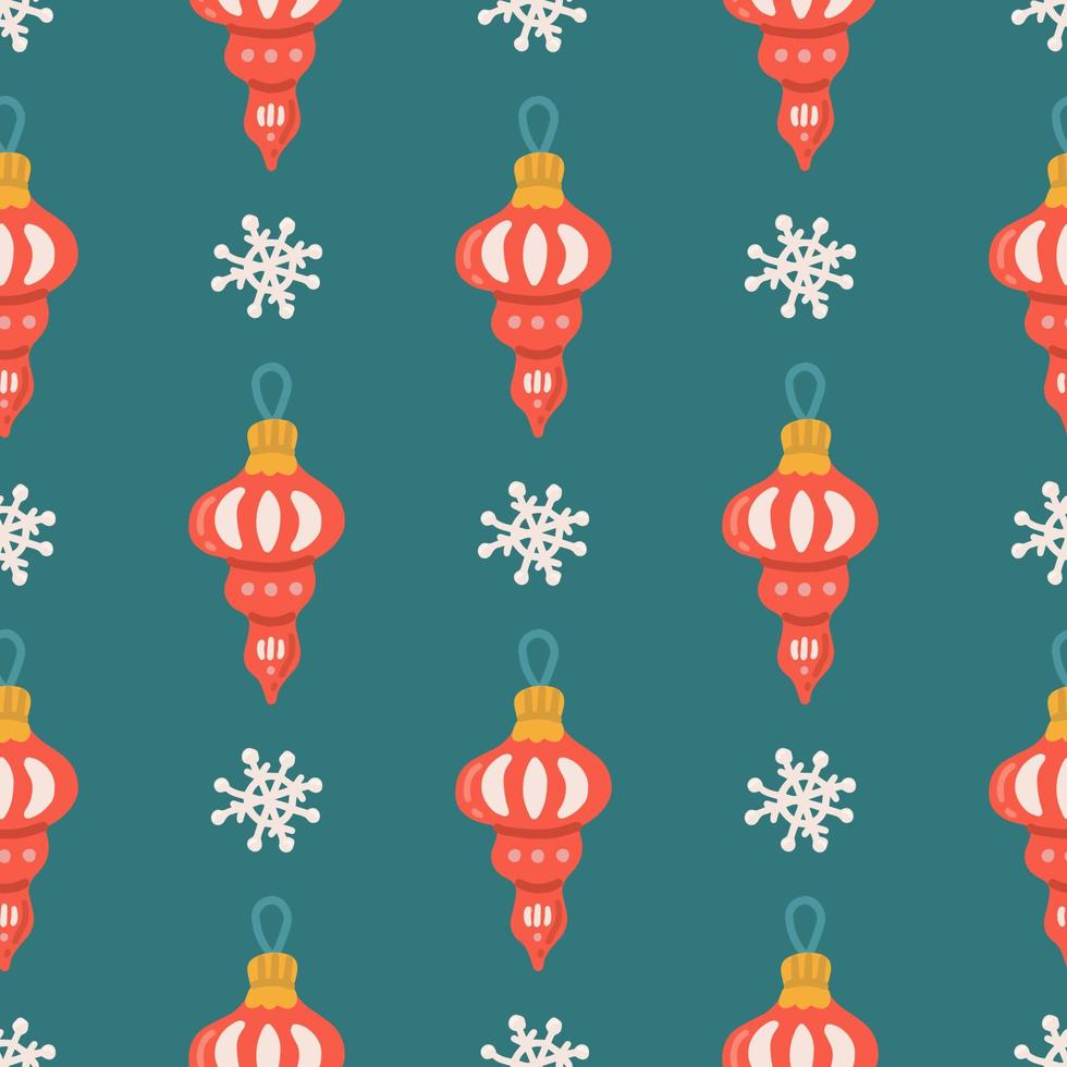 Christmas tree toy, decoration with snowflake, vector seamless pattern on green background