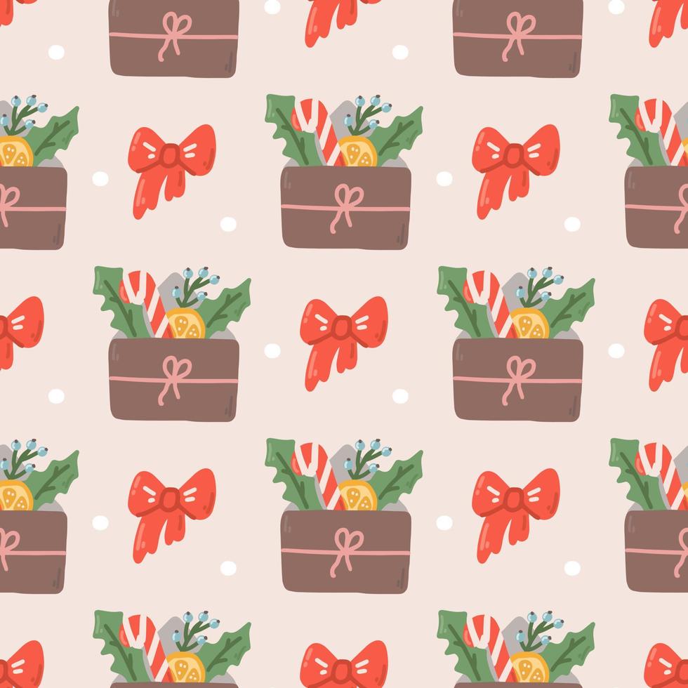 Envelope with a bow with sweets, holly, surprise, Christmas decoration, vector seamless pattern