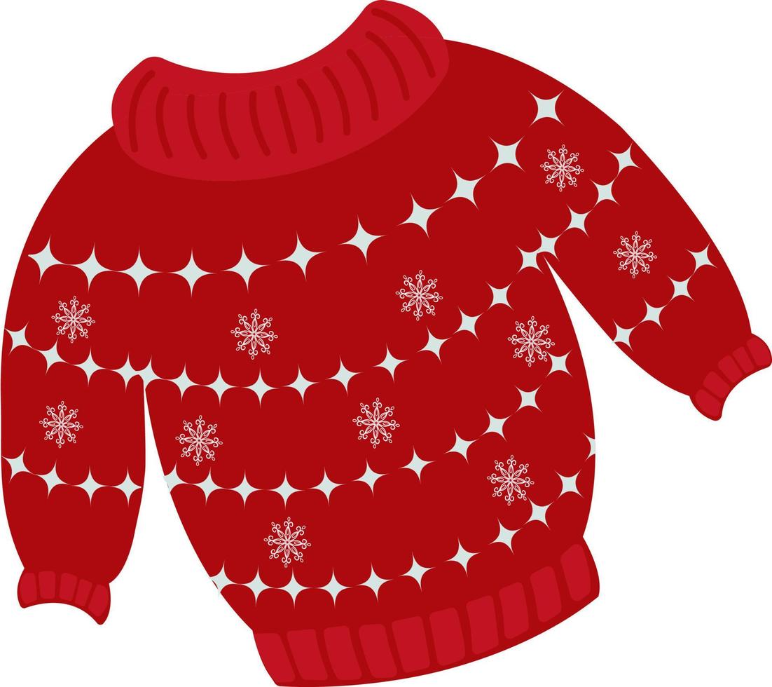 Christmas sweater or jumper with winter patterns with snowflakes. Knitted woolen warm pullover in red tones. Vector hand-drawn illustration in cartoon style. Winter fashion.