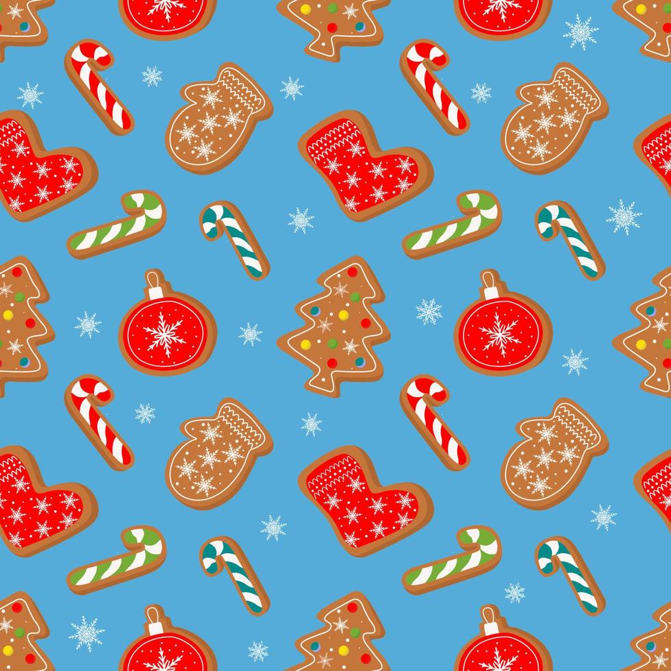 Winter Christmas seamless pattern with gingerbread and cookies on a blue background.  Symbols of a Happy New Year and Christmas. Home decorations, gift wrapping paper, covers, fabrics. vector