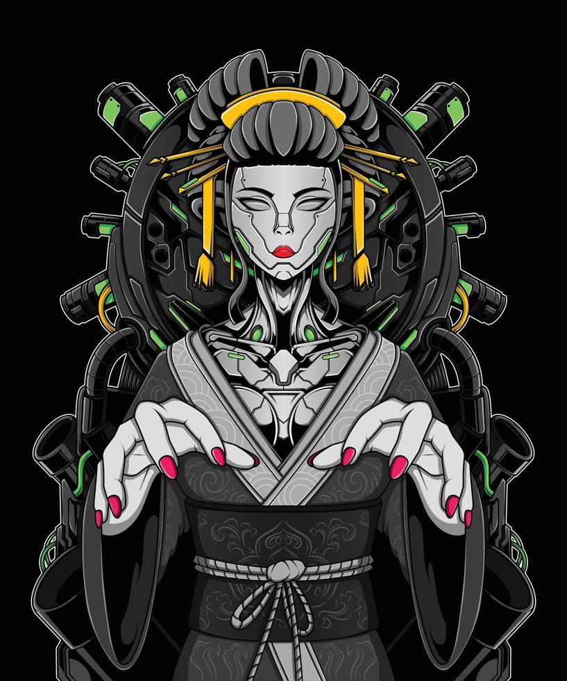 geisha, niña, robot, vector, ilustración vector