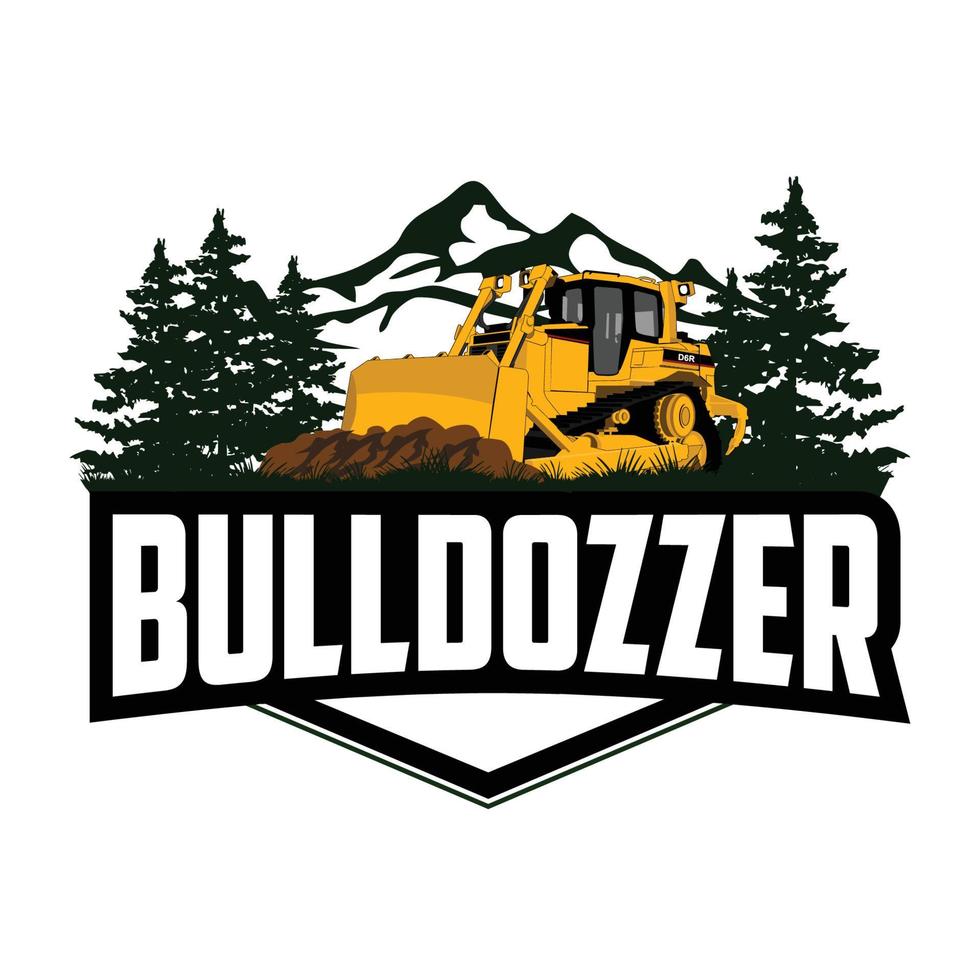 logotipo de bulldozer con tema de árbol y montaña vector