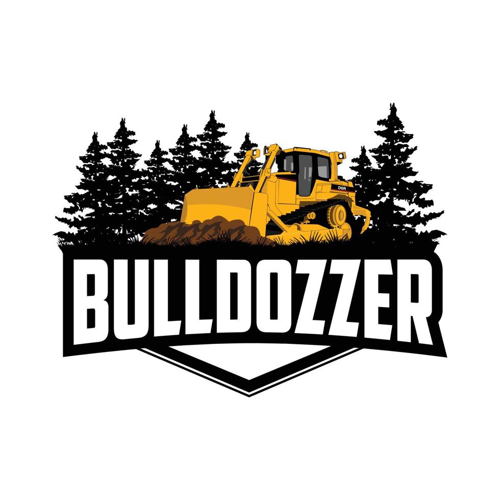 logo del emblema de bulldozer con tema de árbol y montaña vector