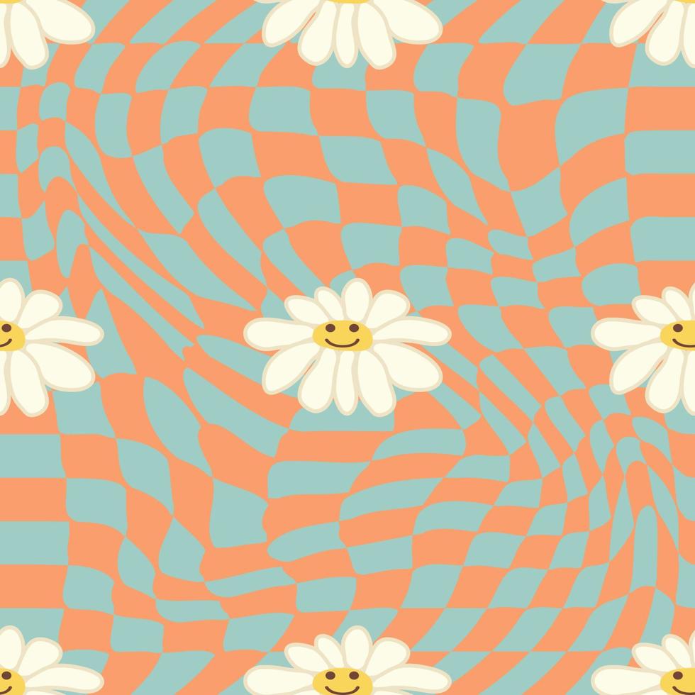 Retro Smile Chamomile Seamless Pattern on 1970 Wavy Swirl Seamless Pattern. Hippie Aesthetic. vector