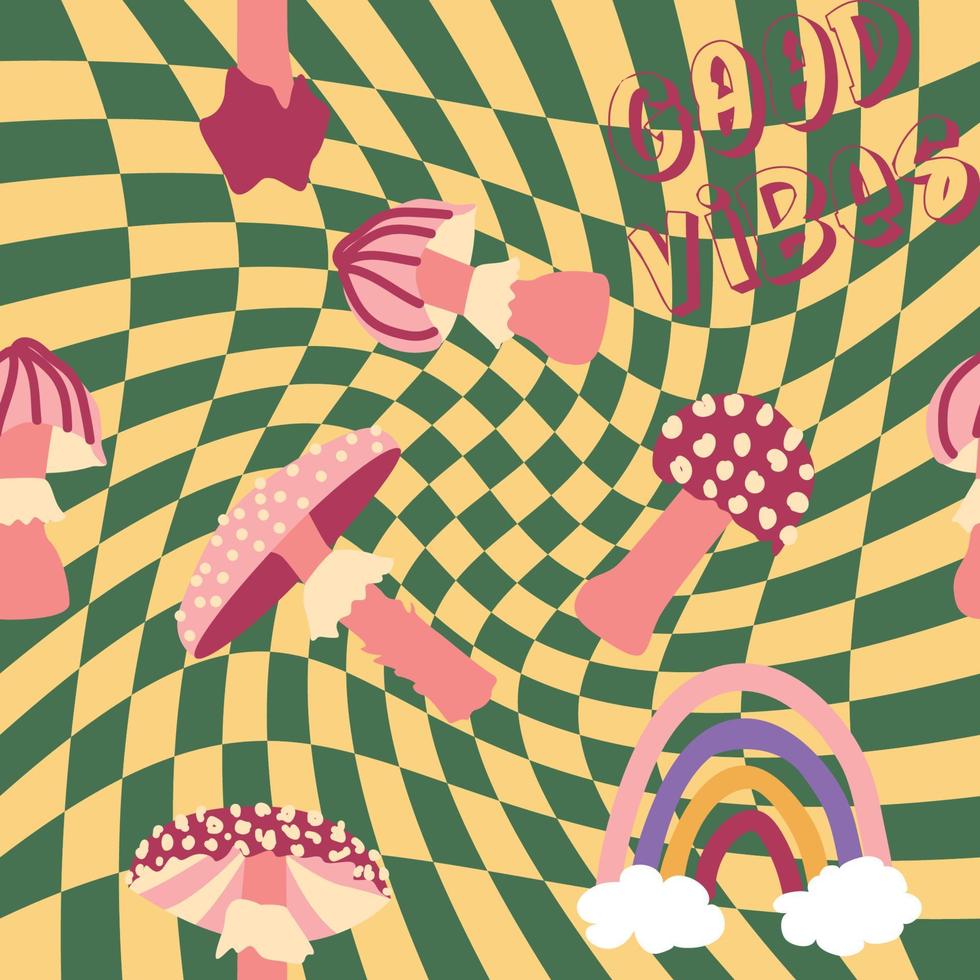 Magic psychedelic drug mushrooms, Chamomile, rainbow seamless pattern. Psychedelic hallucination. 60-70s hippie colorful art. Vintage psychedelic textile vector