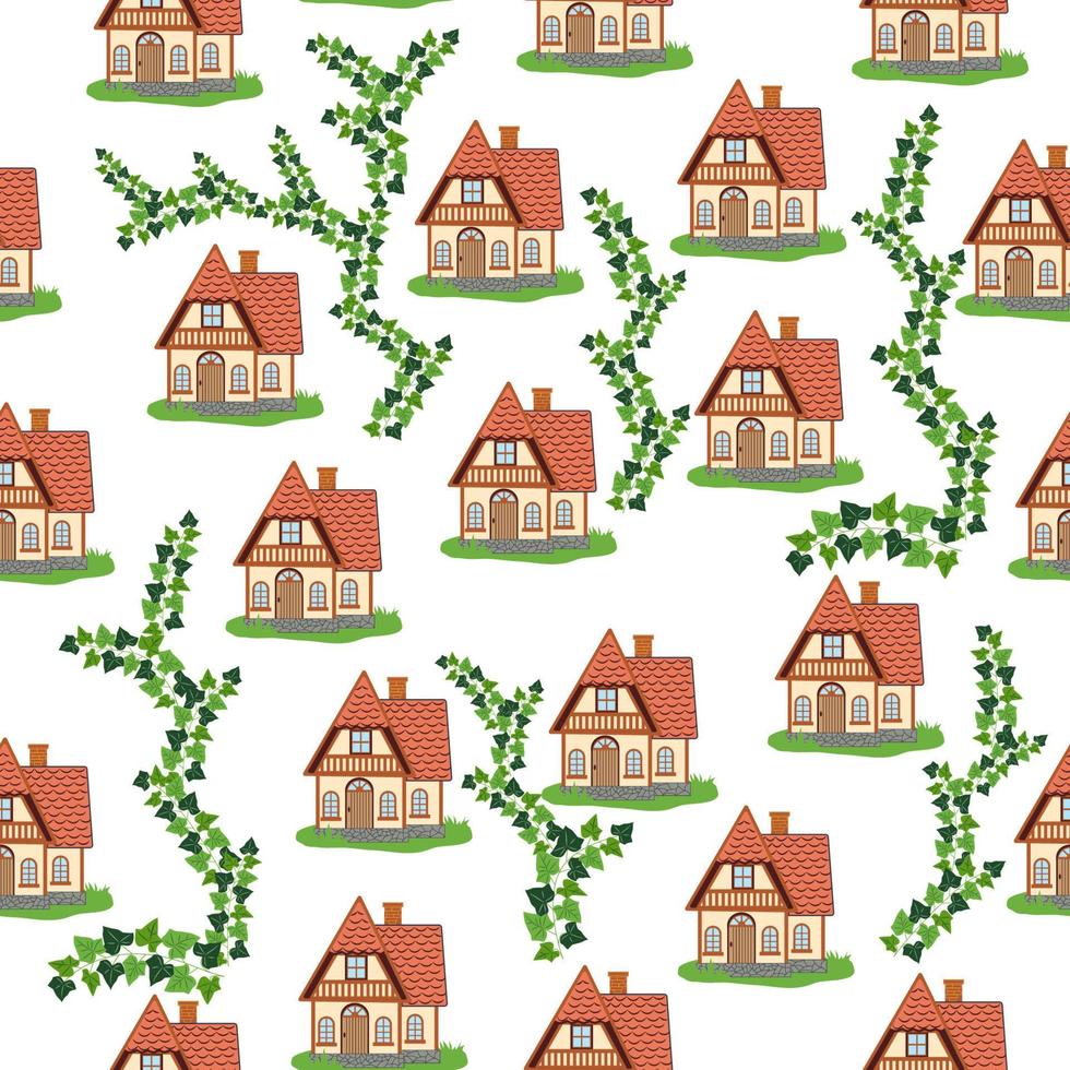 Seamless pattern with houses and ivy branches, plants, English old house, Scandinavian traditions vector