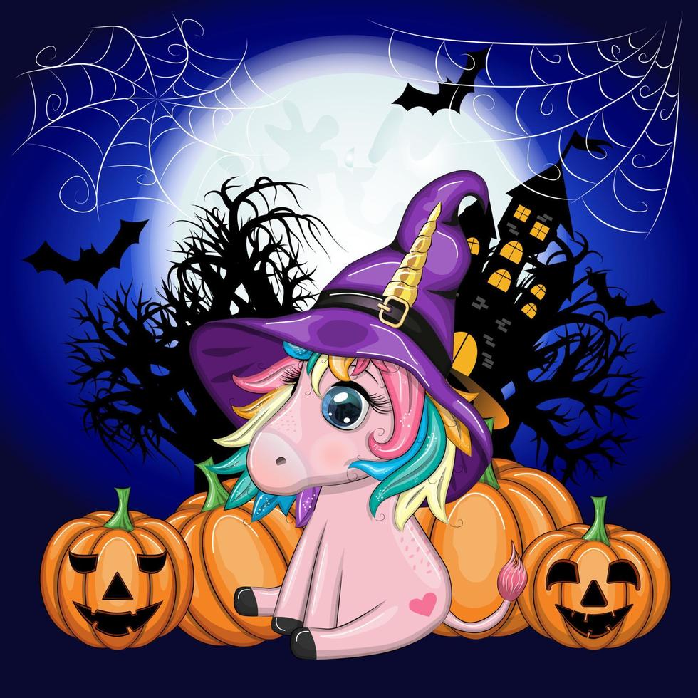 lindo unicornio de dibujos animados con sombrero de bruja púrpura, con calabazas, poción o escoba, personaje de fiesta de halloween vector