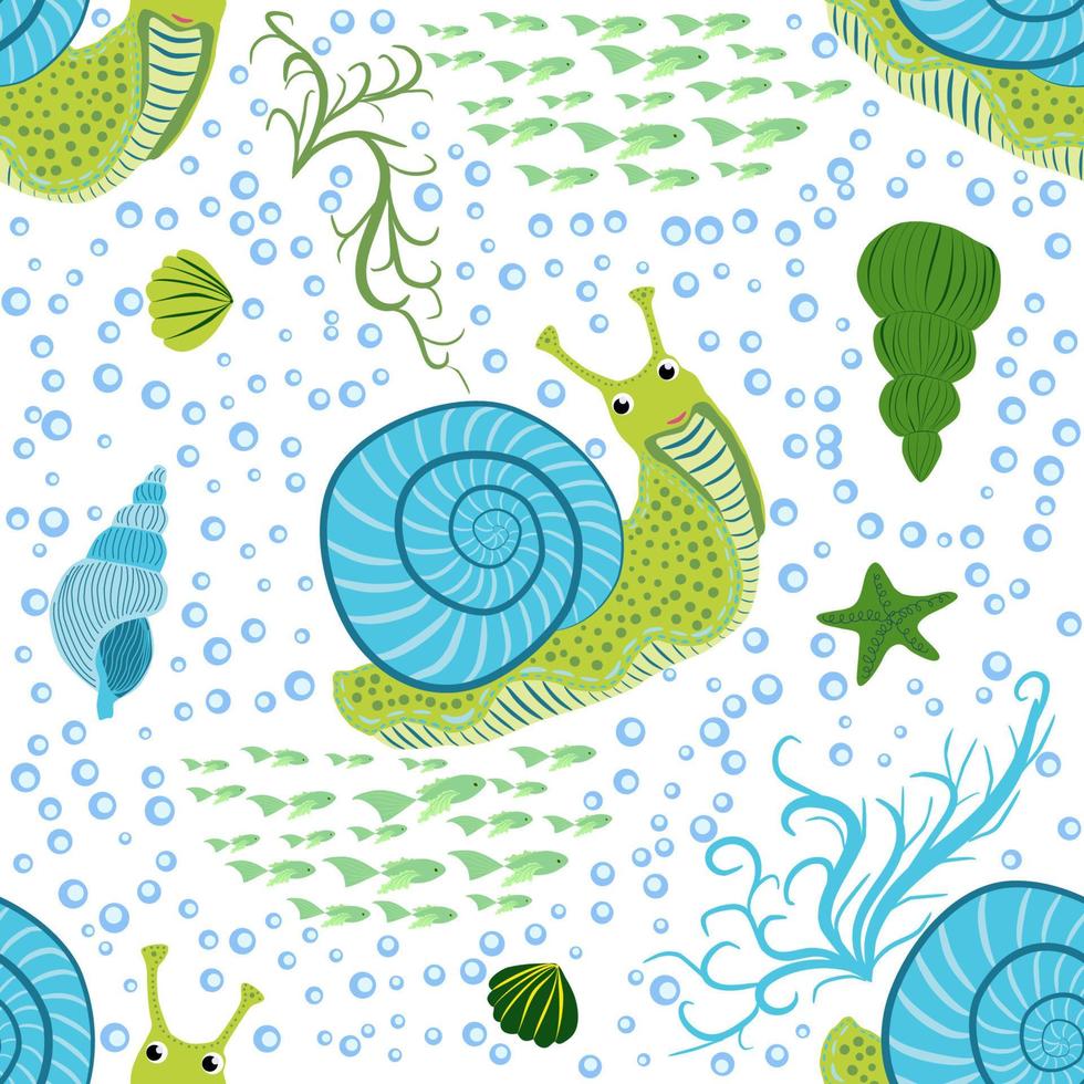 caracol, patrones sin fisuras de los habitantes del mar, hermoso personaje entre conchas marinas, algas marinas, estrellas de mar, animales marinos de la vida silvestre vector