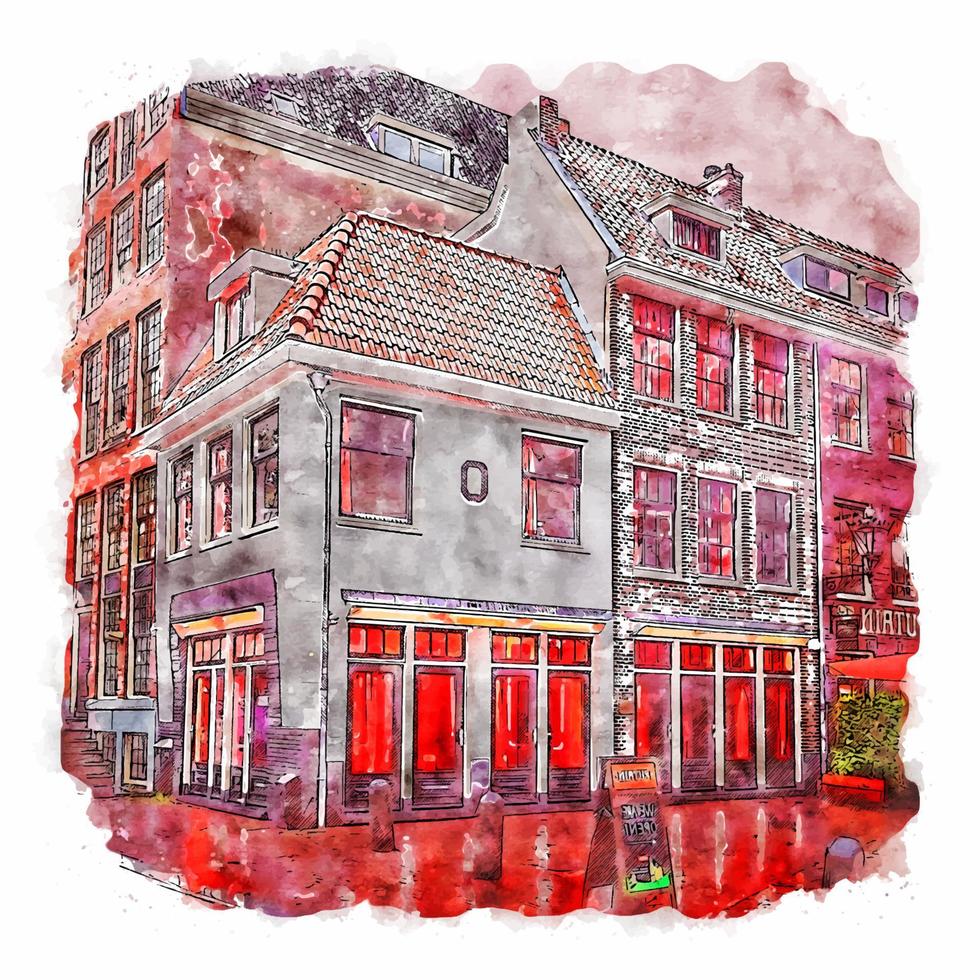 Amsterdam Netherlands Watercolor sketch hand drawn illustration vector