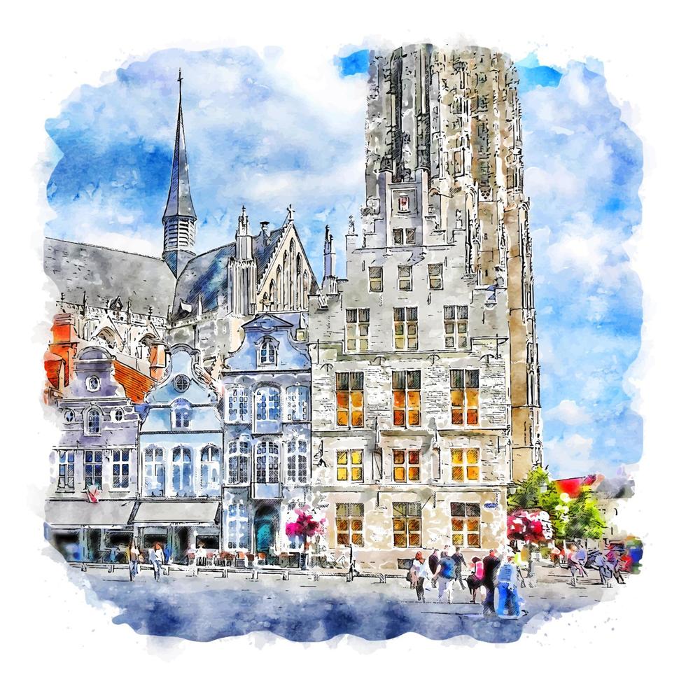 mechelen bélgica acuarela boceto dibujado a mano ilustración vector