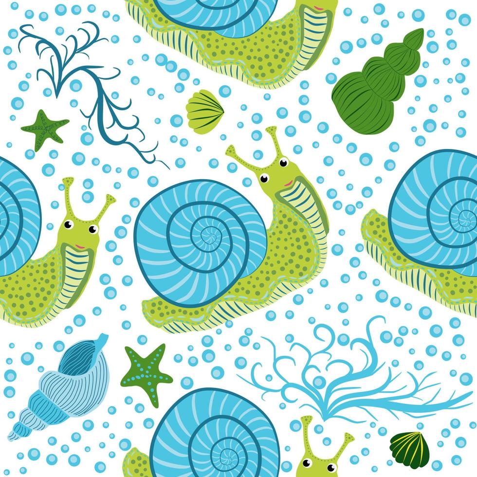 Snail, sea inhabitants seamless pattern, beautiful character among seashells, seaweed, starfish, sea animals of wildlife vector