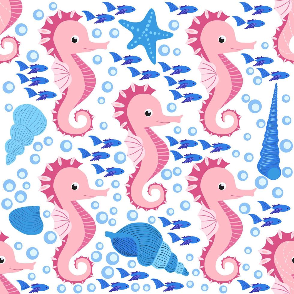 Caballito de mar y estrellas de mar de patrones sin fisuras. fondo de verano de la vida marina. linda vida marina. diseño para tela y decoración vector