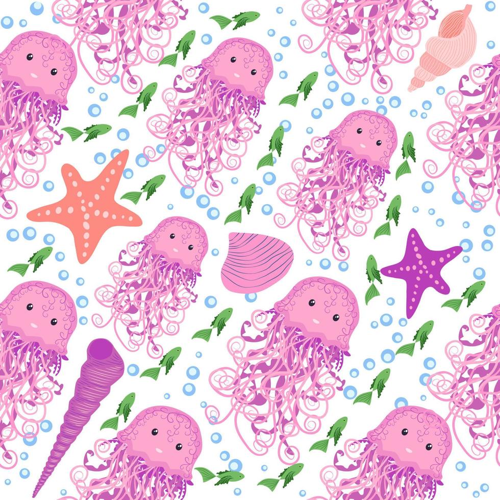 patrón impecable con medusas transparentes detalladas. patrón infantil sin costuras con lindos peces dibujados a mano y medusas en estilo garabato. fondo de vivero de moda vector