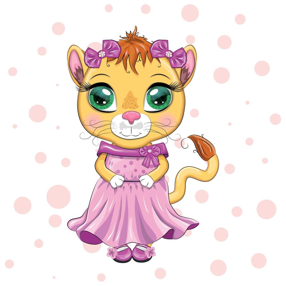 leona de dibujos animados con un hermoso vestido con lazos y flores. personaje de niña, animal salvaje con rasgos humanos. vector