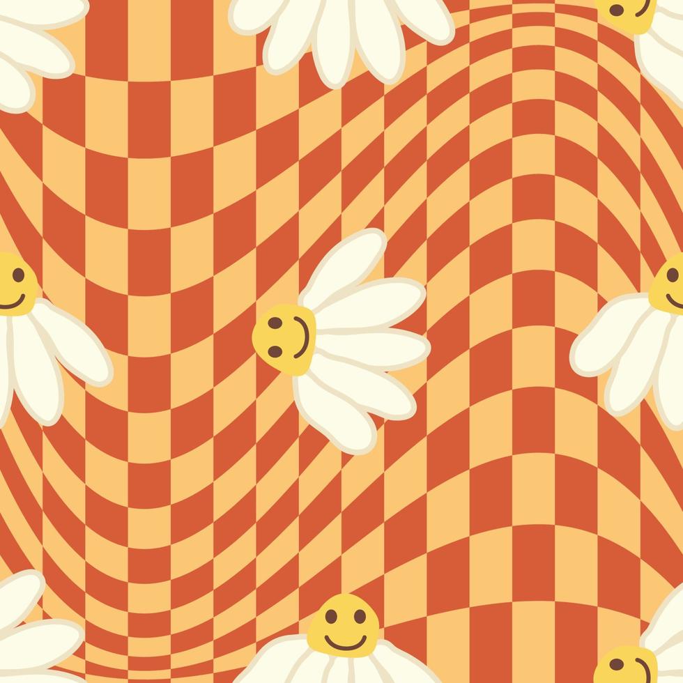 Retro Smile Chamomile Seamless Pattern on 1970 Wavy Swirl Seamless Pattern. Hippie Aesthetic. vector