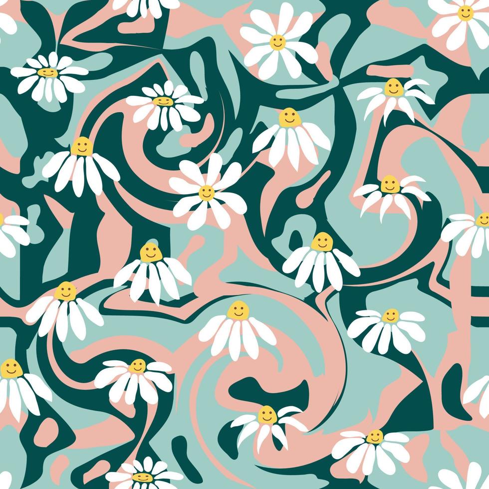 Groovy daisy retro seamless pattern. Retro Smile Chamomile Pattern on 1970 Hippie Aesthetic. vector