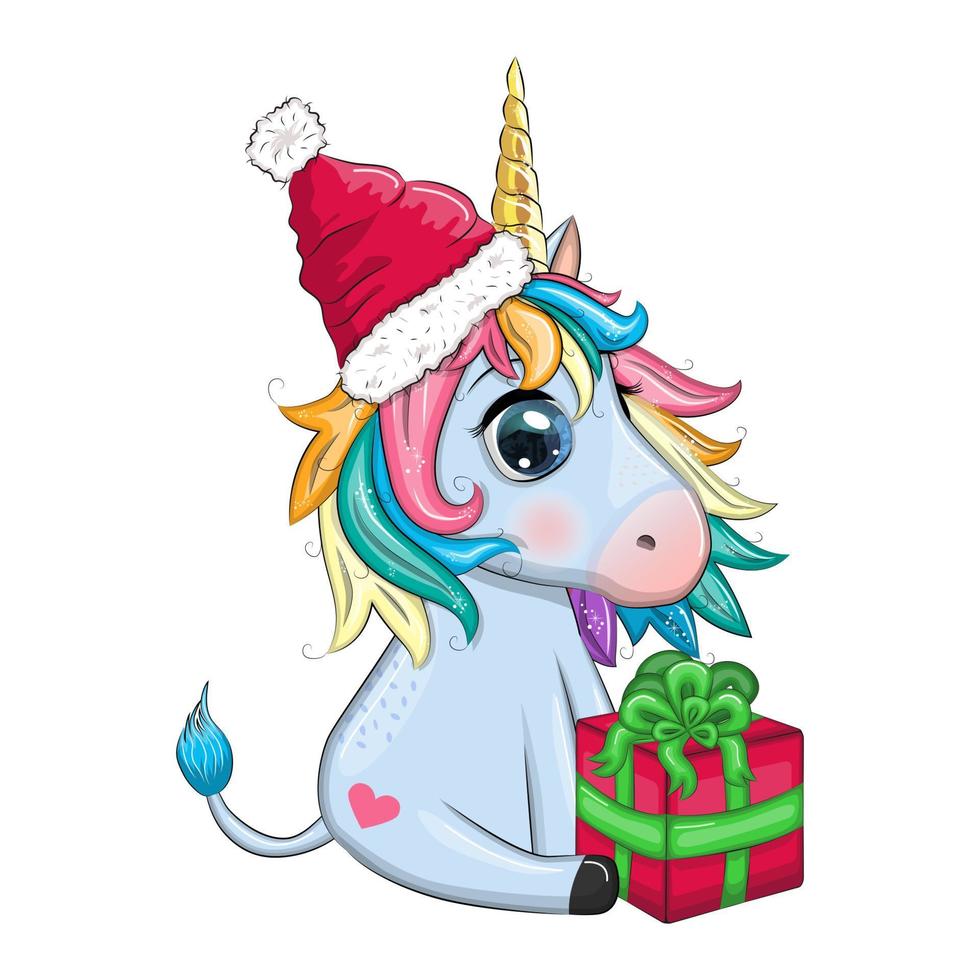 Cute cartoon unicorn in santa hat with gift, christmas ball, candy kane. New Year and Christmas holiday vector
