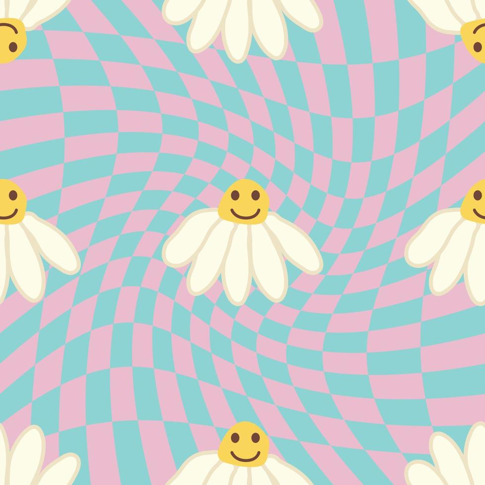 Retro Smile Chamomile Seamless Pattern on 1970 Wavy Swirl Seamless Pattern. Hippie Aesthetic. vector