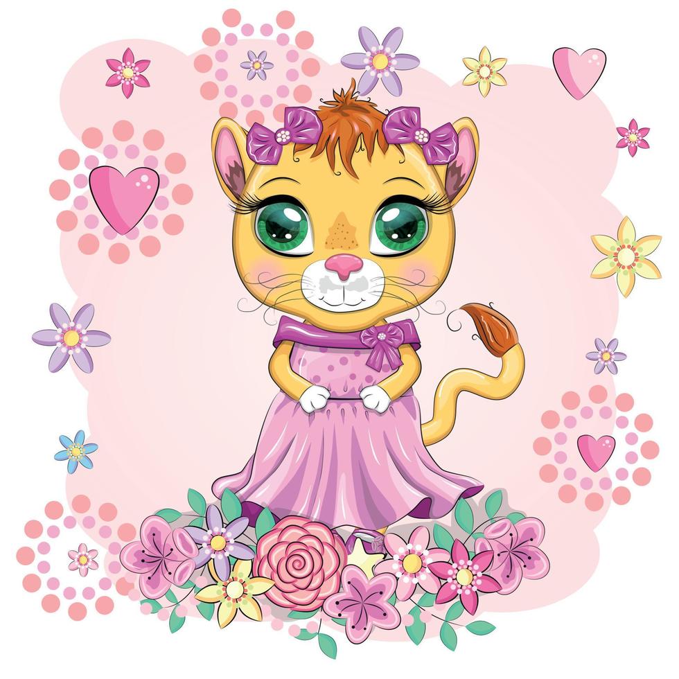 leona de dibujos animados con un hermoso vestido con lazos y flores. personaje de niña, animal salvaje con rasgos humanos. vector