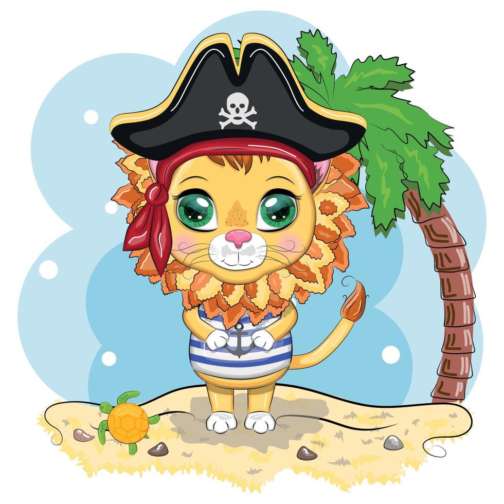 Lion pirate, cartoon character of the game, wild animal cat in a bandana and a cocked hat with a skull, with an eye patch. Character with bright eyes vector