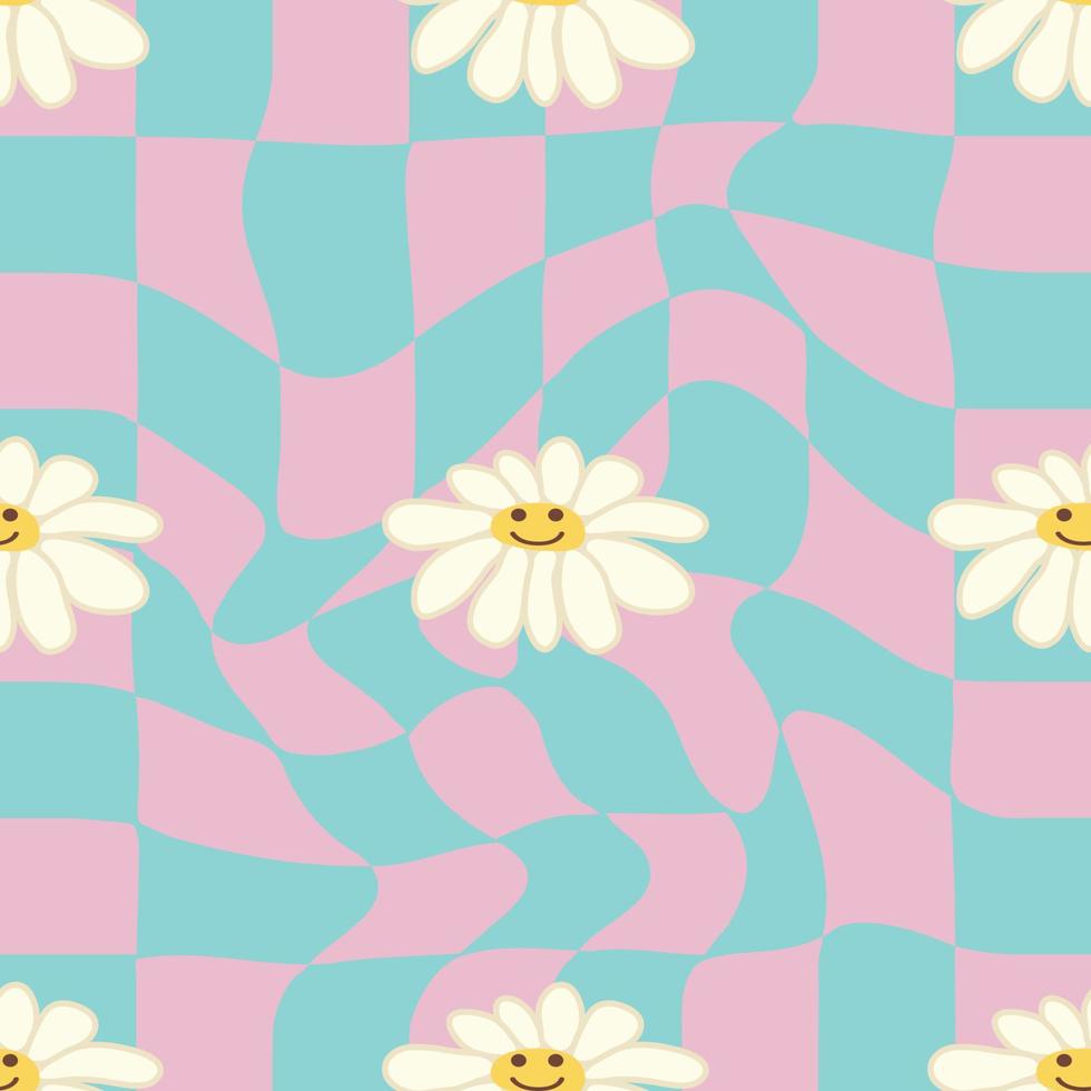 Retro Smile Chamomile Seamless Pattern on 1970 Wavy Swirl Seamless Pattern. Hippie Aesthetic. vector