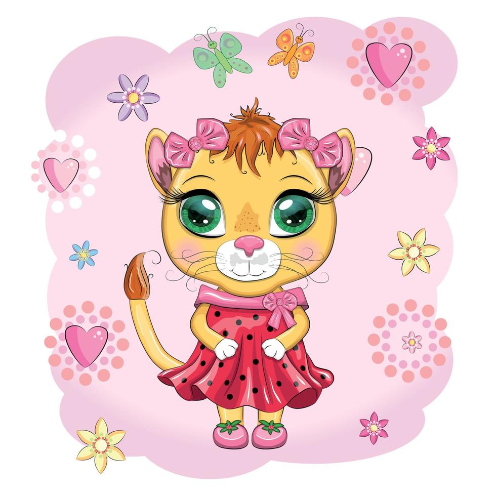 Cartoon lioness in a beautiful dress with bows and flowers. Girl character, wild animal with human traits vector