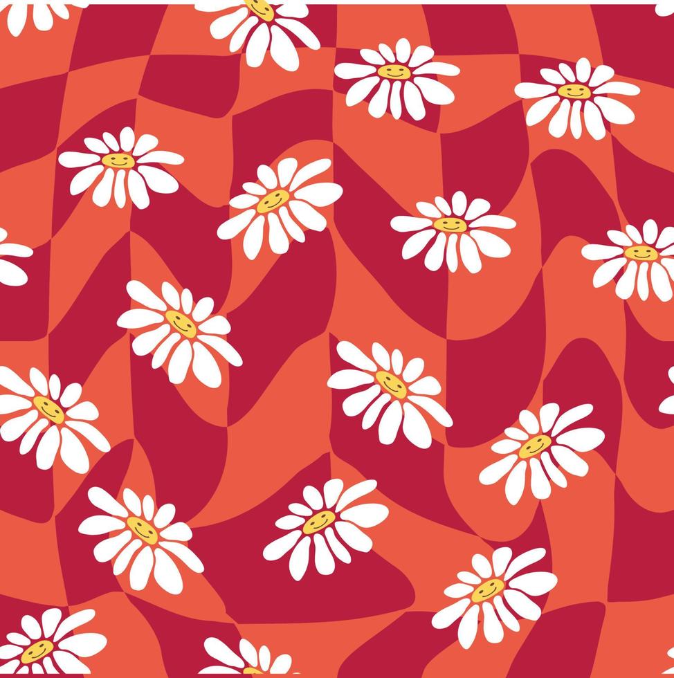 Groovy daisy retro seamless pattern. Retro Smile Chamomile Pattern on 1970 Hippie Aesthetic. vector