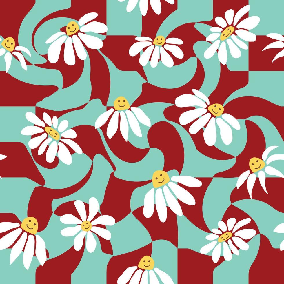 Groovy daisy retro seamless pattern. Retro Smile Chamomile Pattern on 1970 Wavy Swirl. Hippie Aesthetic. vector