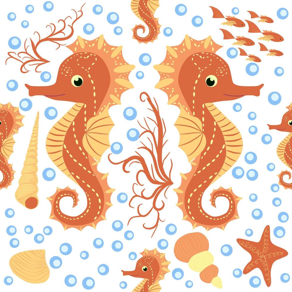 Seahorse and starfish seamless pattern. Sea life summer background. Cute sea life. Design for fabric and decor vector