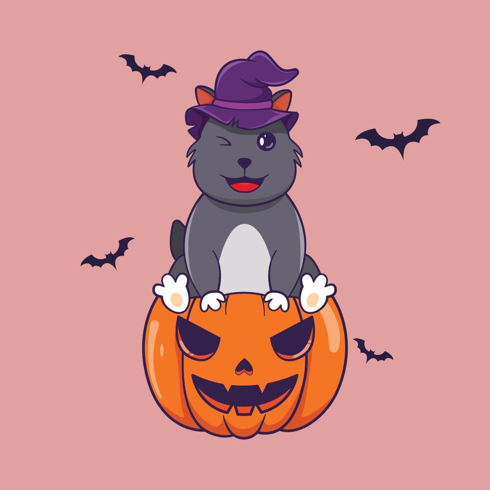 lindo gato sentado en calabaza de halloween con sombrero de bruja vector