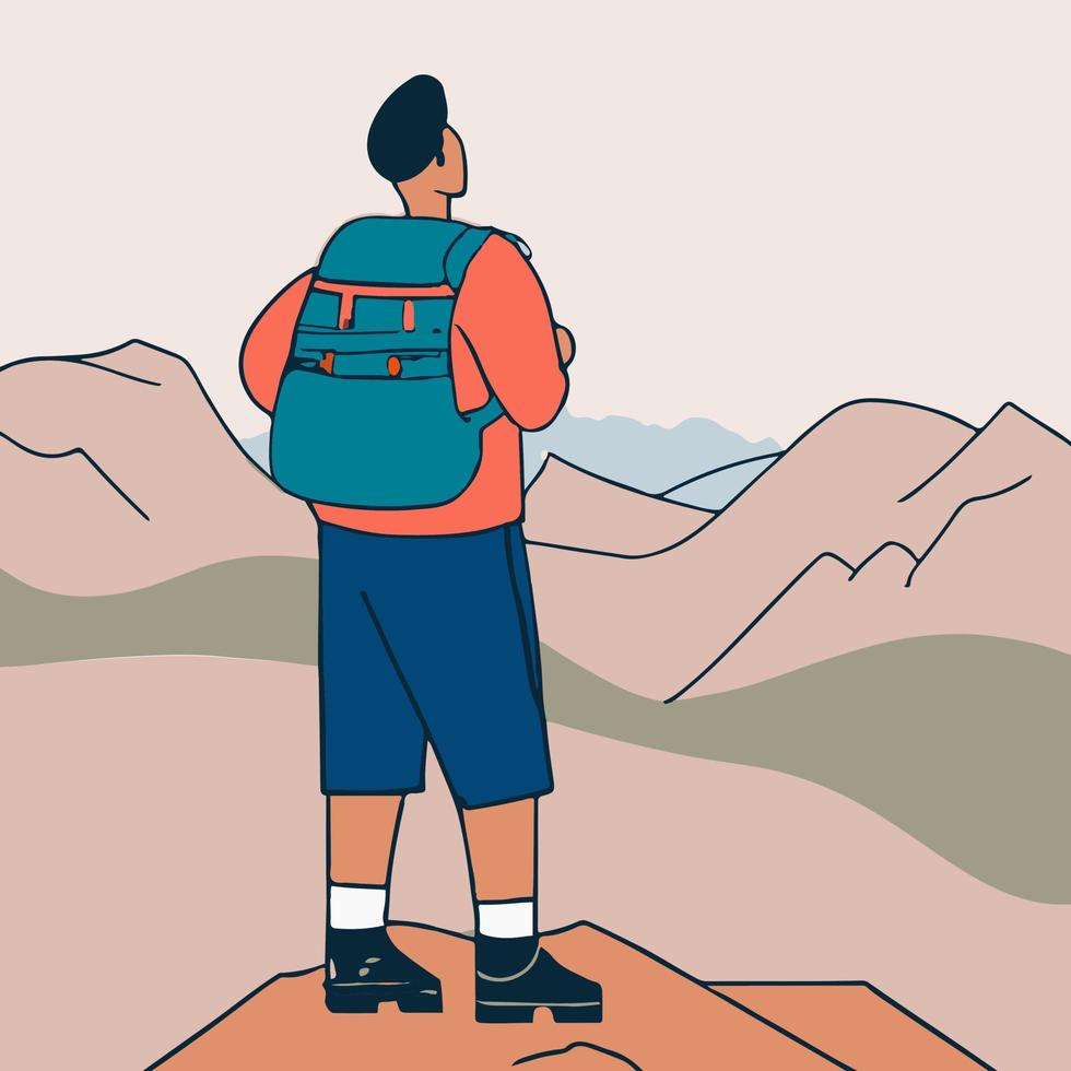 Explorer expedition standing on top of mountain or cliff. vector