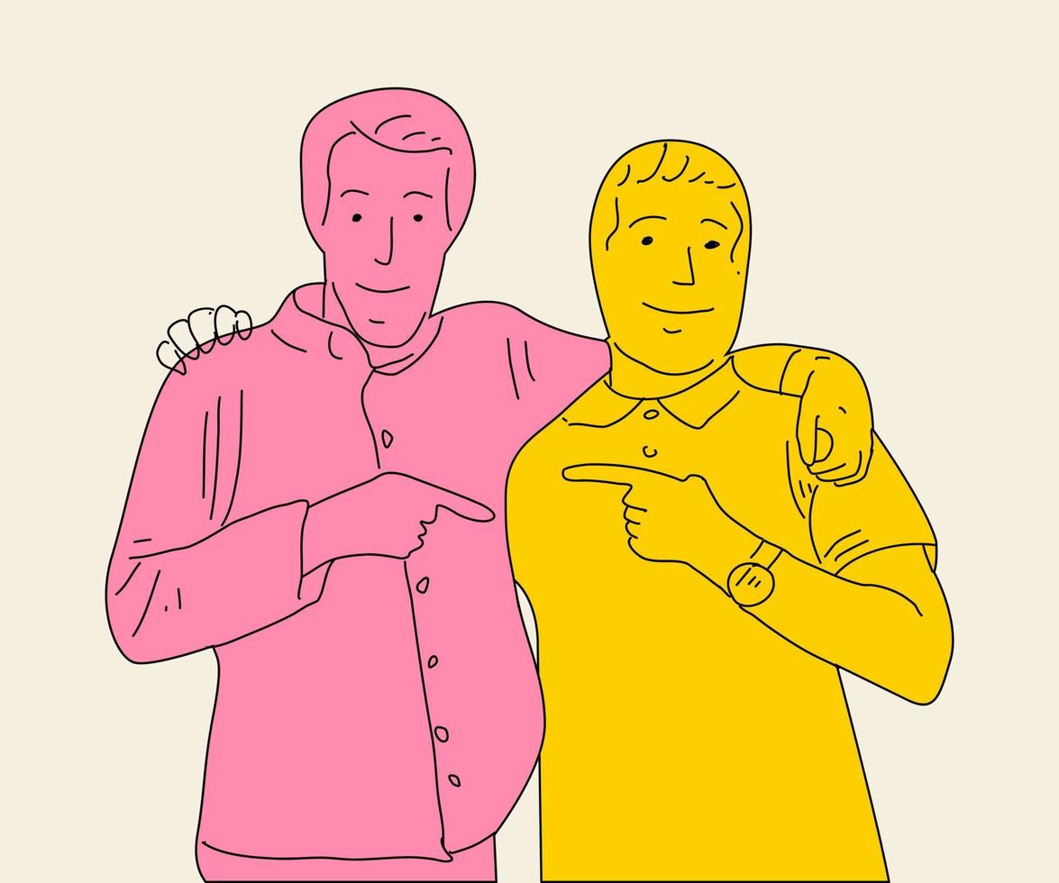 Friends or colleagues standing, hugging, posing together. vector