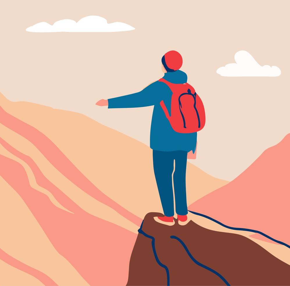 Explorer expedition standing on top of mountain or cliff. vector