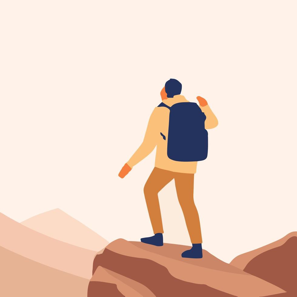 Explorer expedition standing on top of mountain or cliff. vector