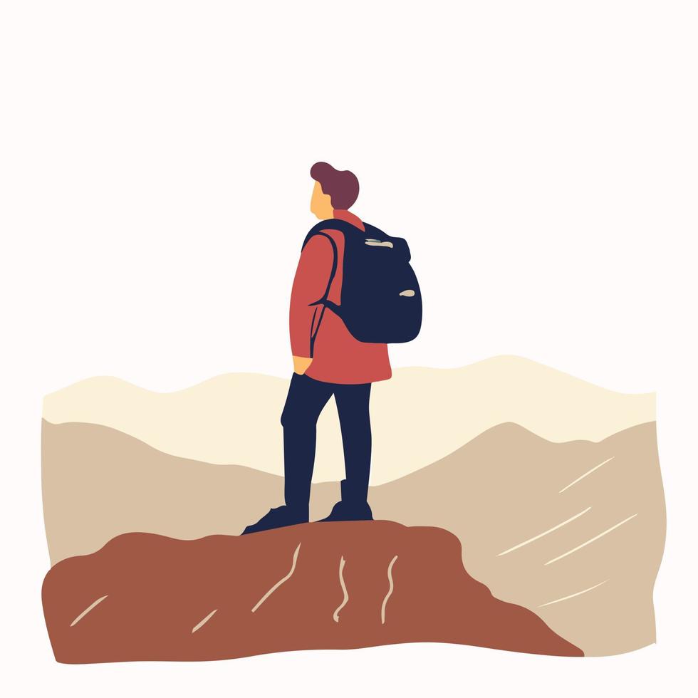 Explorer expedition standing on top of mountain or cliff. vector