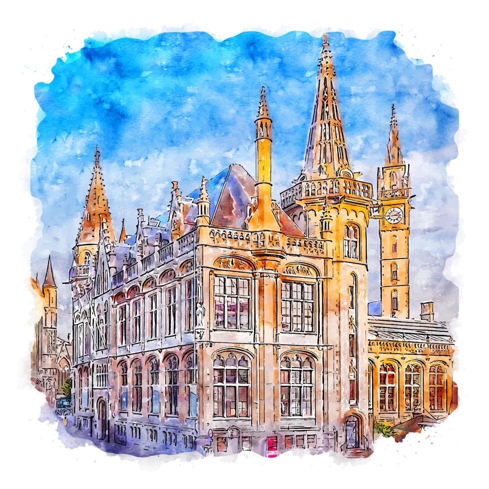 Gent Belgium Watercolor sketch hand drawn illustration vector