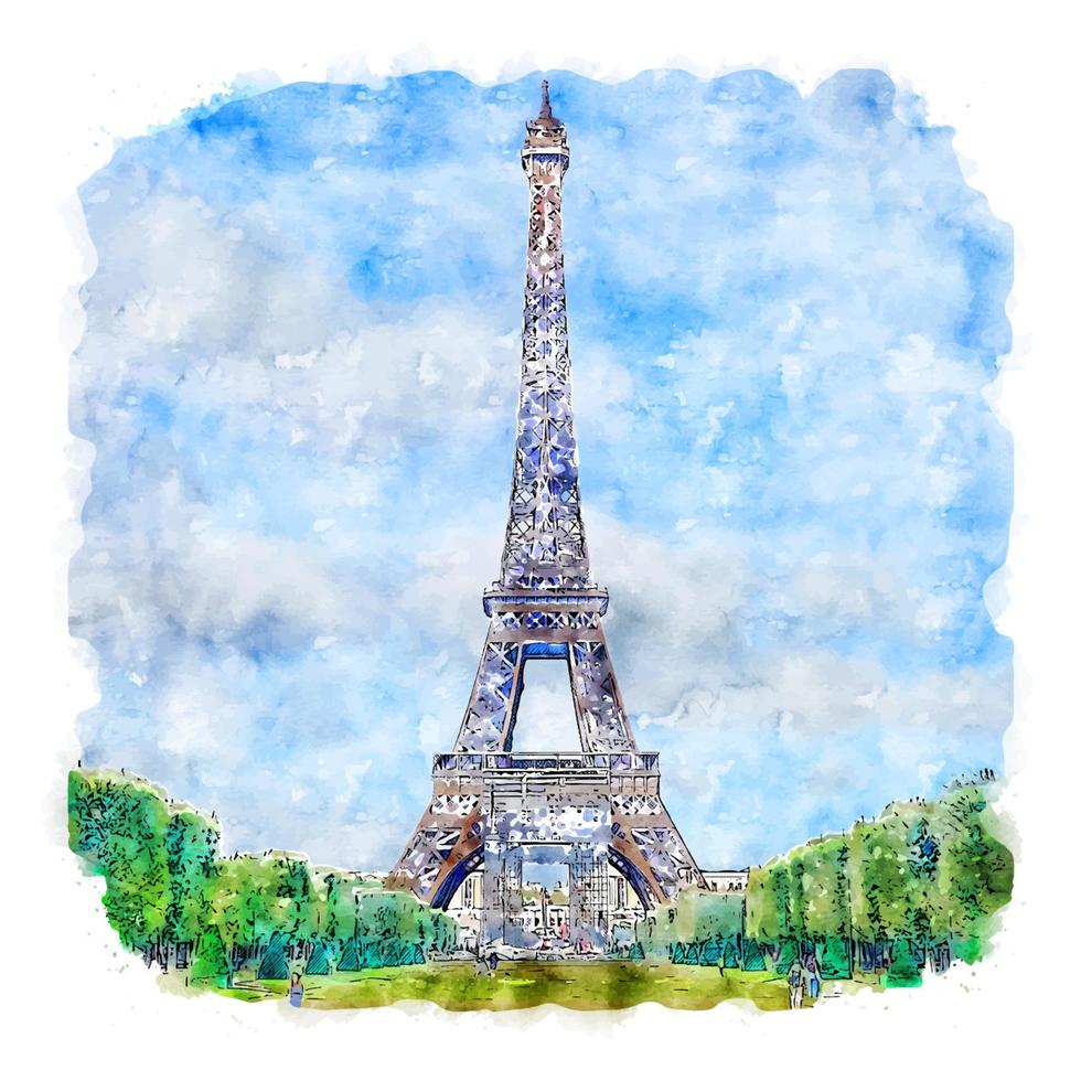 Eiffel Tower Paris France Watercolor sketch hand drawn illustration vector