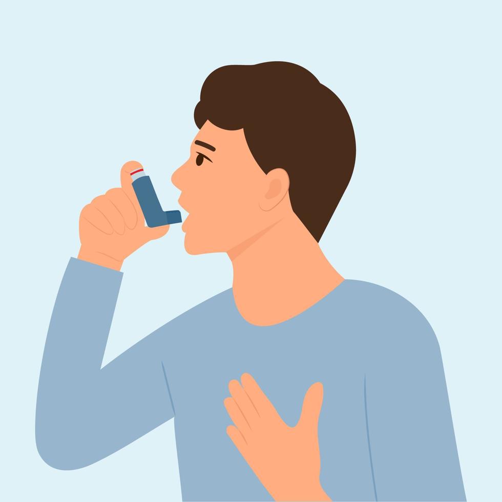 Asthma treatment.Asthma inhaler help allergic man. World asthma day. Allergy, asthmatic. Inhalation medicine. Flat vector illustration concept. Bronchial asthma.