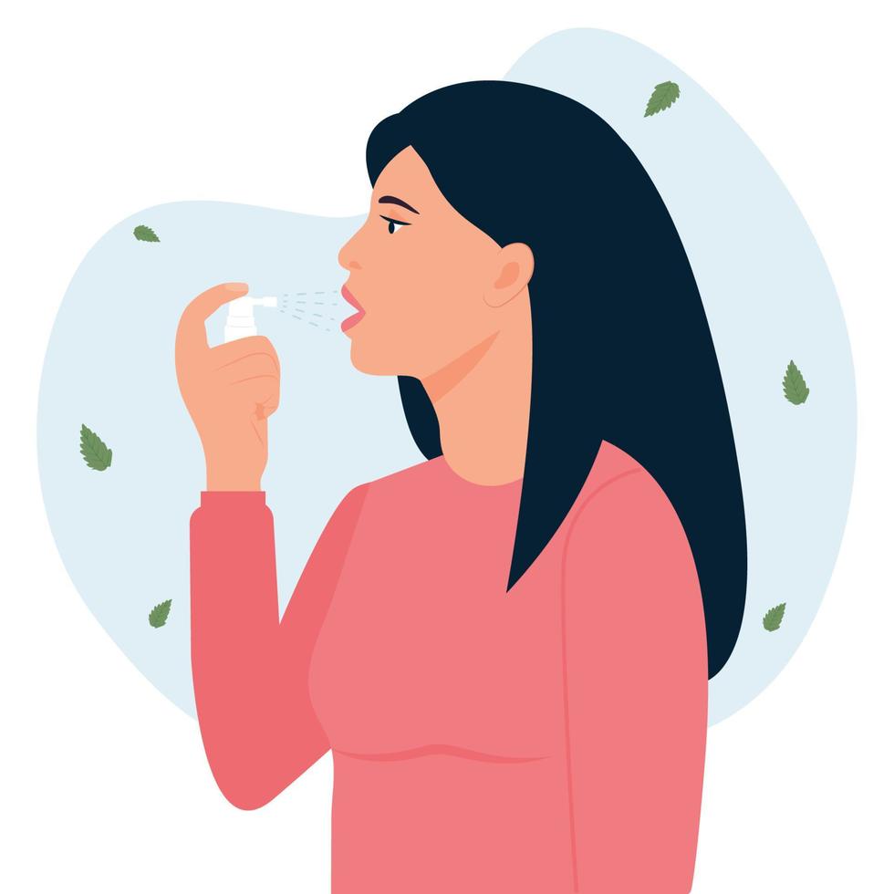 Woman  uses breath freshener. Girl using mouth spray for  sore throat infection treatment Aerosol spray in the hand. Fresh breath.Vector illustration vector