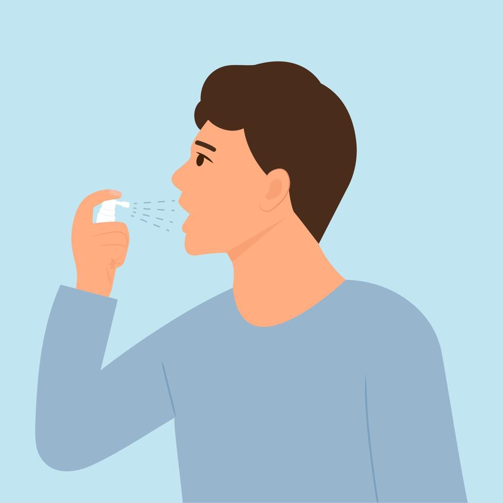 Man  uses breath freshener. Boy using mouth spray for  sore throat infection treatment Aerosol spray in the hand. Fresh breath.Vector illustration vector